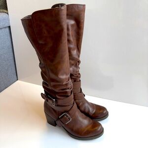Mjus Tall Low Heel Equestrian Boots Womens 6.5 Brown Leather Zip Up Lined Straps